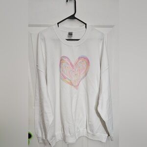 White Crewneck Sweatshirt with Pastel Heart Graphic - Women